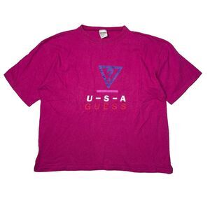 GUESS VTG 90s USA Logo Spellout Crewneck Boyfriend T-Shirt Pink Purple Medium